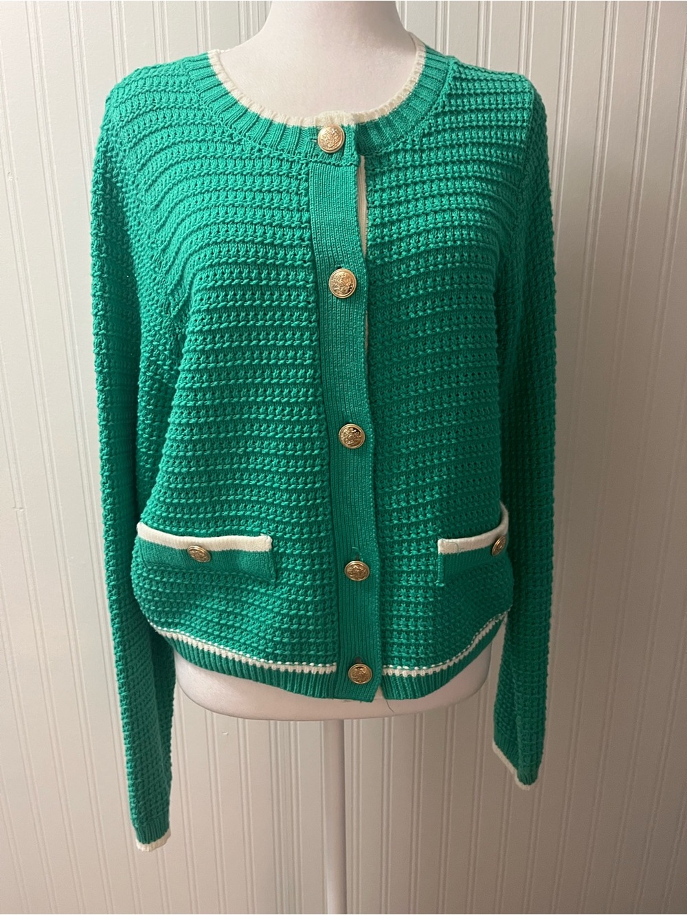 Nicole Miller Emerald Green Crochet Cardigan with White Trim and Gold Buttons